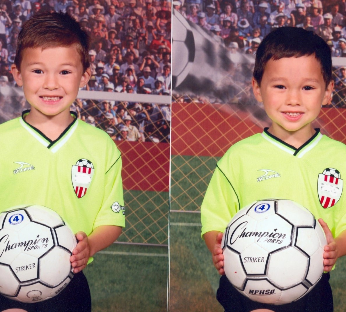 Kendrick (left, age 7) and Keaton (right, age 5) in 2008, the first year Keaton played soccer.